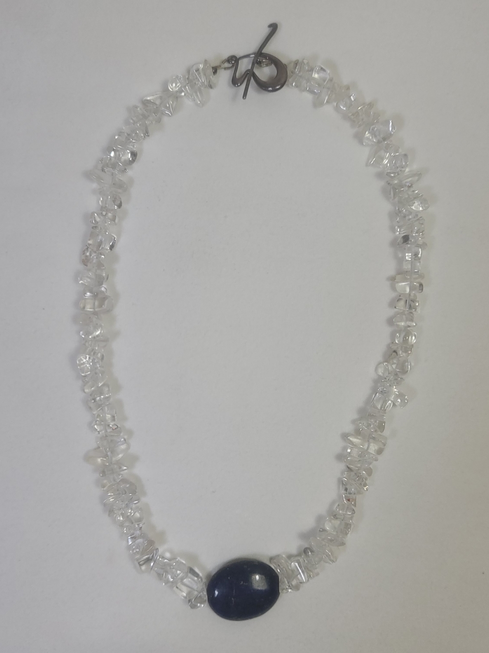 Clear Rock Quartz Chips Lapis Lazuli Stone Beaded 925 Sterling Clasp Necklace